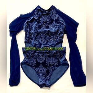 Weissman deep blue dance costume luxurious feel, velvety and bejeweled size MA